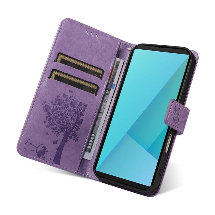 For Sony Xperia 10 VII Tree & Cat Embossed Pattern Flip Leather Phone Case