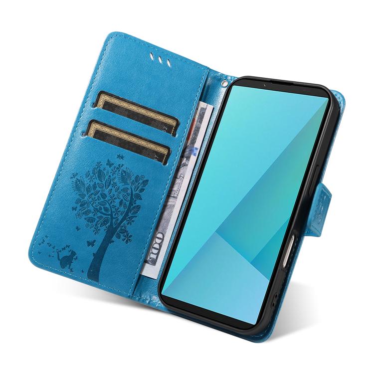 For Sony Xperia 10 VII Tree & Cat Embossed Pattern Flip Leather Phone Case