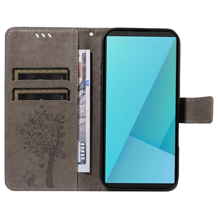 For Sony Xperia 10 VII Tree & Cat Embossed Pattern Flip Leather Phone Case