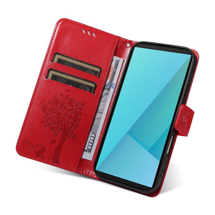 For Sony Xperia 10 VII Tree & Cat Embossed Pattern Flip Leather Phone Case