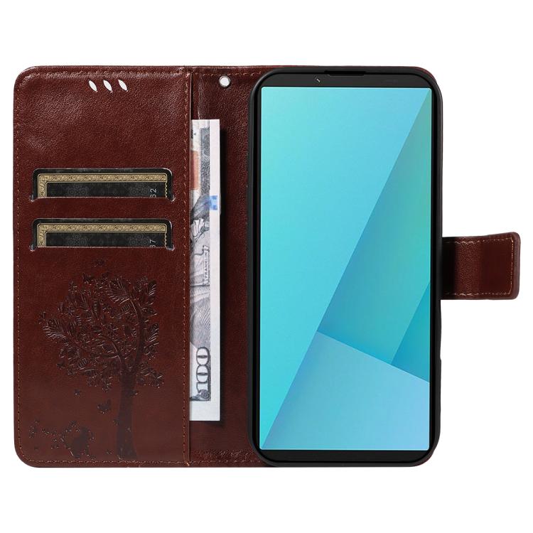 For Sony Xperia 10 VII Tree & Cat Embossed Pattern Flip Leather Phone Case