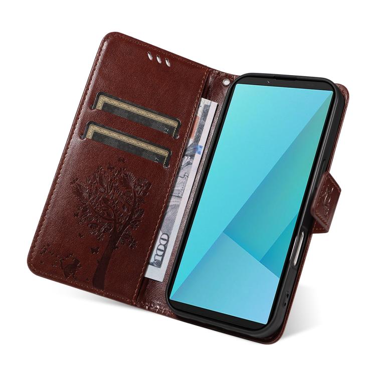 For Sony Xperia 10 VII Tree & Cat Embossed Pattern Flip Leather Phone Case