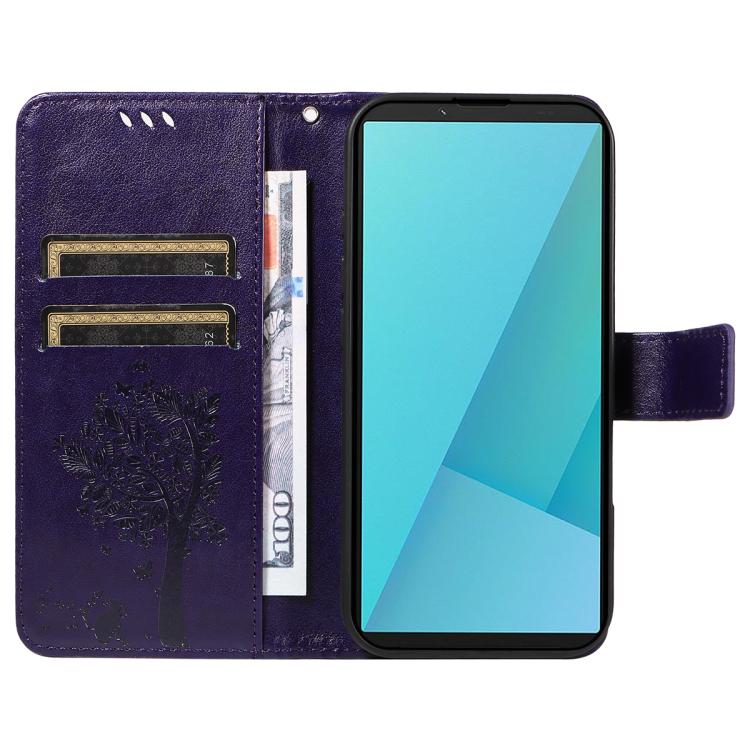 For Sony Xperia 10 VII Tree & Cat Embossed Pattern Flip Leather Phone Case