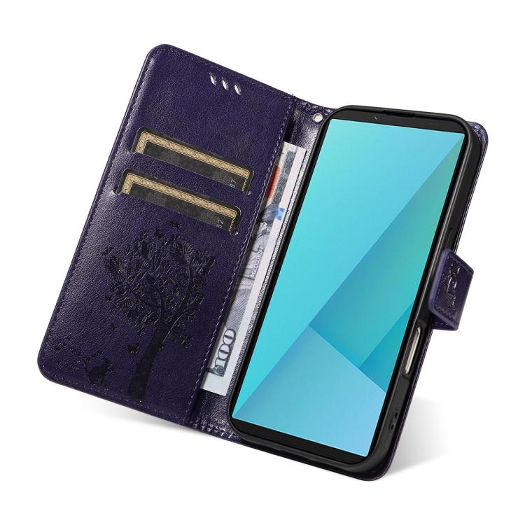 For Sony Xperia 10 VII Tree & Cat Embossed Pattern Flip Leather Phone Case