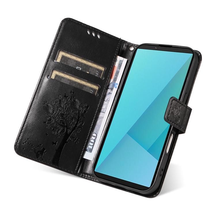 For Sony Xperia 10 VII Tree & Cat Embossed Pattern Flip Leather Phone Case