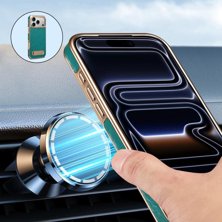 For iPhone 17 Pro Denior A25 MagSafe Genuine Leather Phone Case with Holder