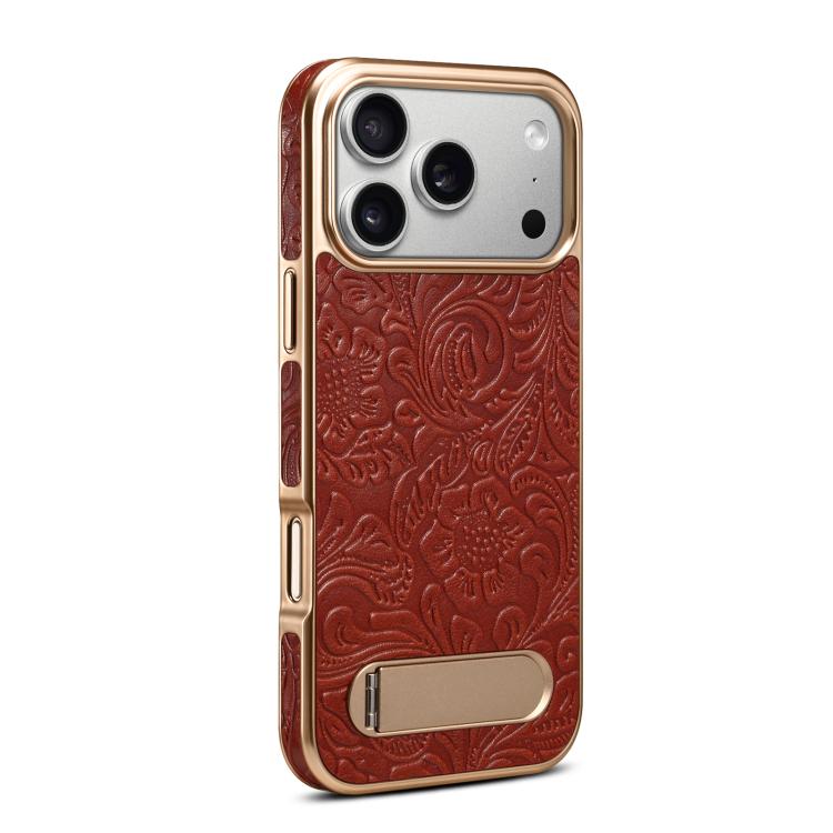 For iPhone 17 Pro Max Denior A25 Retro Flower Texture MagSafe Genuine Leather Phone Case with Holder