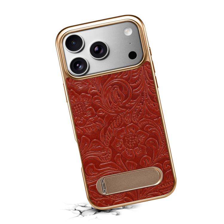For iPhone 17 Pro Max Denior A25 Retro Flower Texture MagSafe Genuine Leather Phone Case with Holder