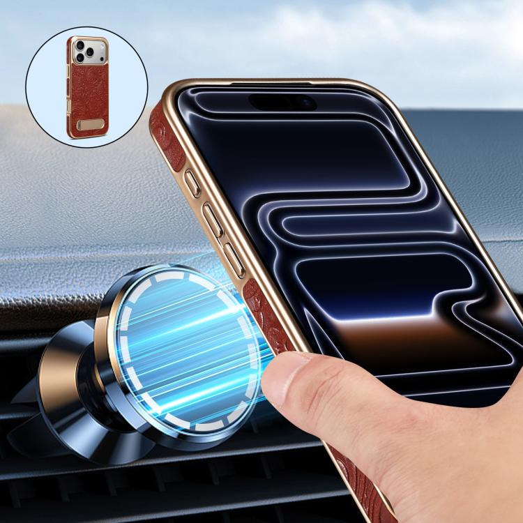 For iPhone 17 Pro Max Denior A25 Retro Flower Texture MagSafe Genuine Leather Phone Case with Holder