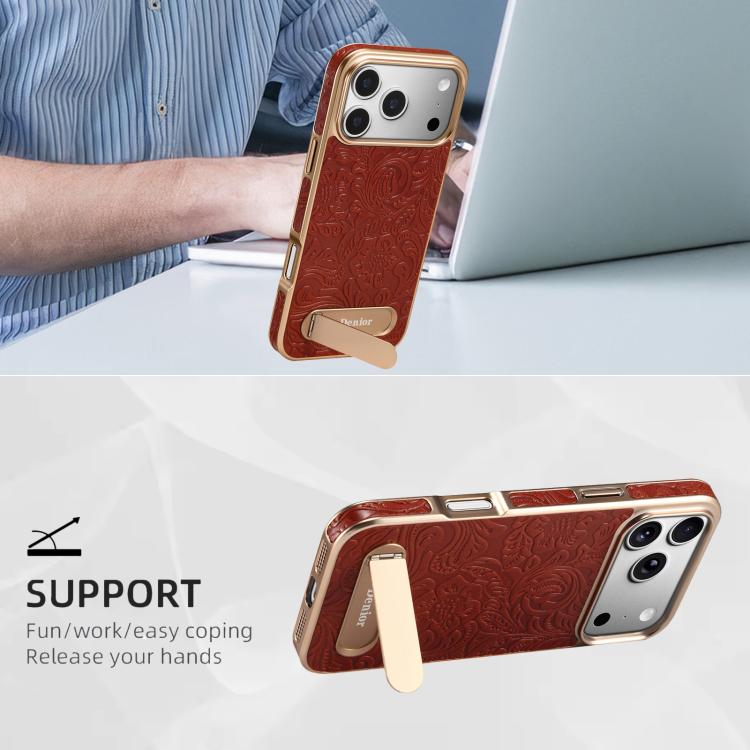 For iPhone 17 Pro Max Denior A25 Retro Flower Texture MagSafe Genuine Leather Phone Case with Holder