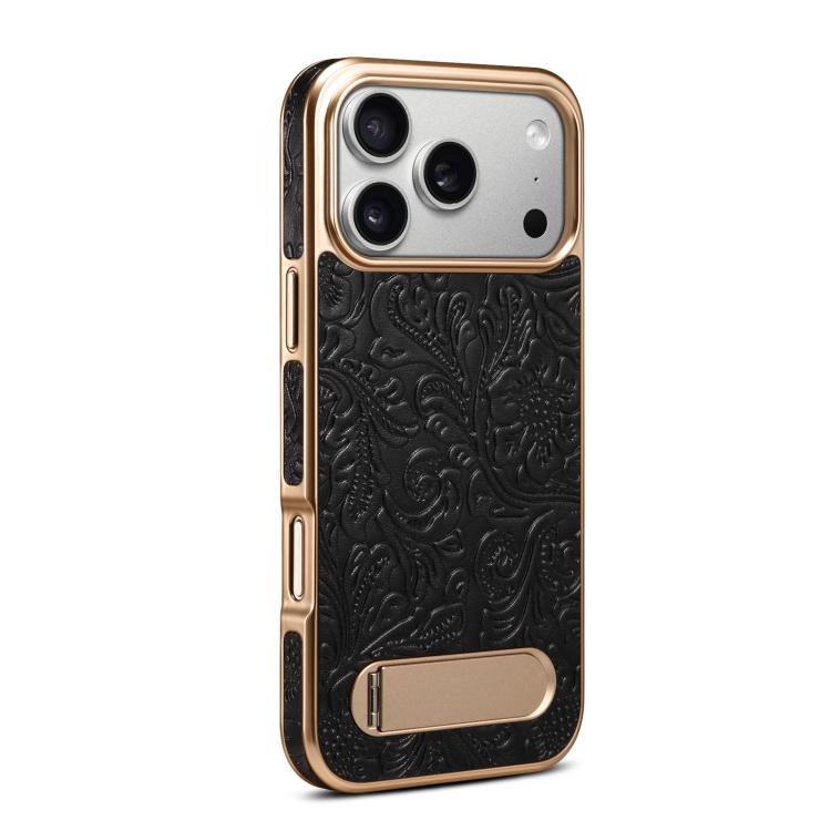 For iPhone 17 Pro Denior A25 Retro Flower Texture MagSafe Genuine Leather Phone Case with Holder