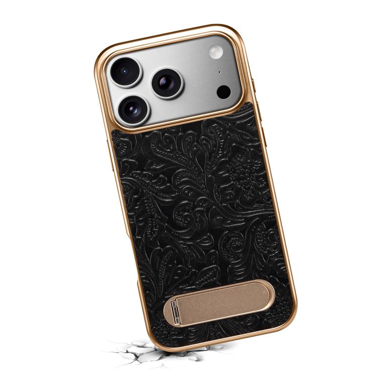 For iPhone 17 Pro Denior A25 Retro Flower Texture MagSafe Genuine Leather Phone Case with Holder