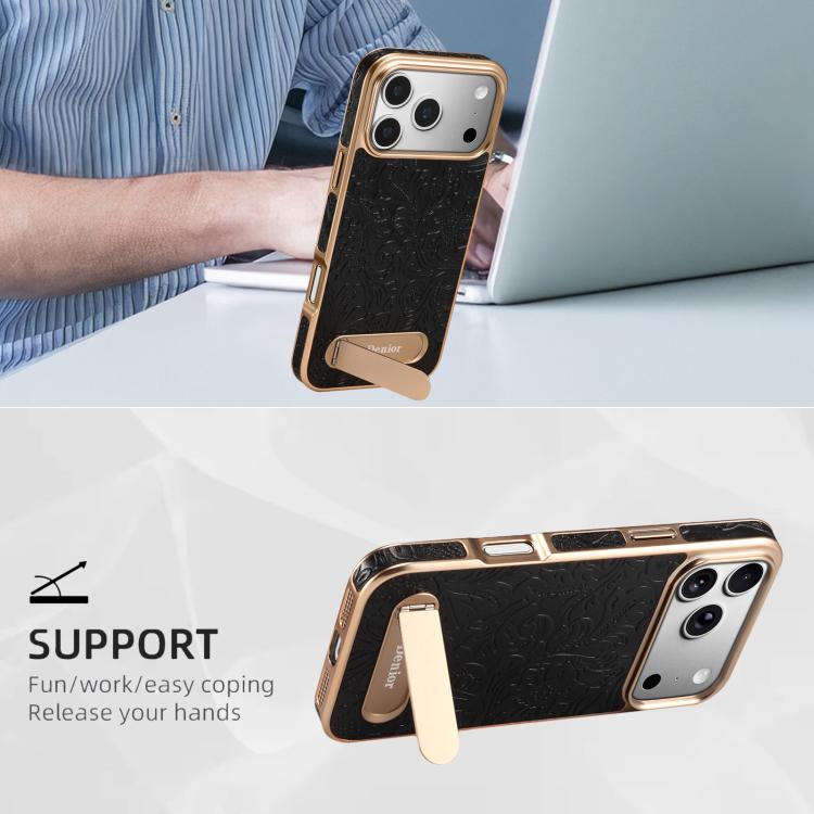 For iPhone 17 Pro Denior A25 Retro Flower Texture MagSafe Genuine Leather Phone Case with Holder