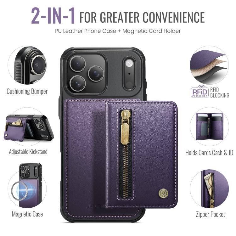 For iPhone 17 Pro JEEHOOD J12 Exquisite RFID MagSafe Zipper Card Bag Phone Case