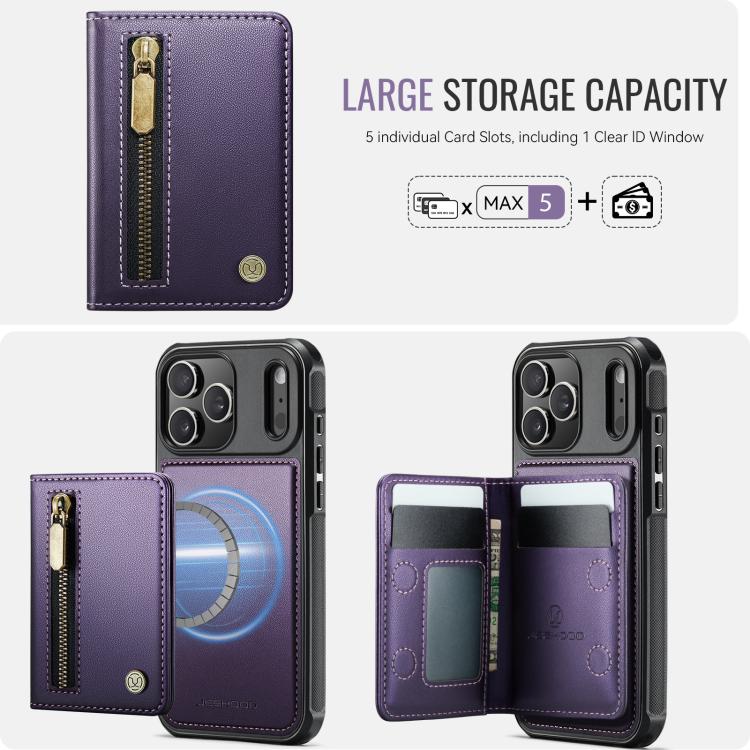 For iPhone 17 Pro JEEHOOD J12 Exquisite RFID MagSafe Zipper Card Bag Phone Case