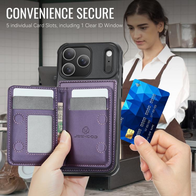 For iPhone 17 Pro JEEHOOD J12 Exquisite RFID MagSafe Zipper Card Bag Phone Case