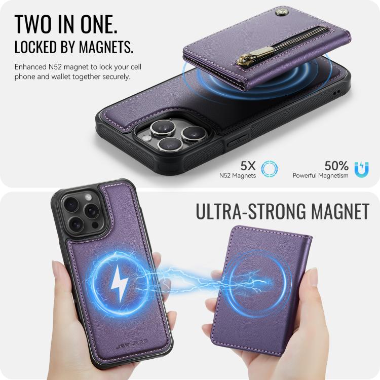 For iPhone 15 Pro Max JEEHOOD J12 Exquisite RFID MagSafe Zipper Card Bag Phone Case