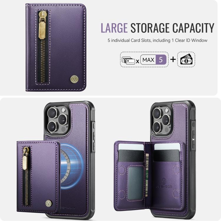 For iPhone 15 Pro Max JEEHOOD J12 Exquisite RFID MagSafe Zipper Card Bag Phone Case