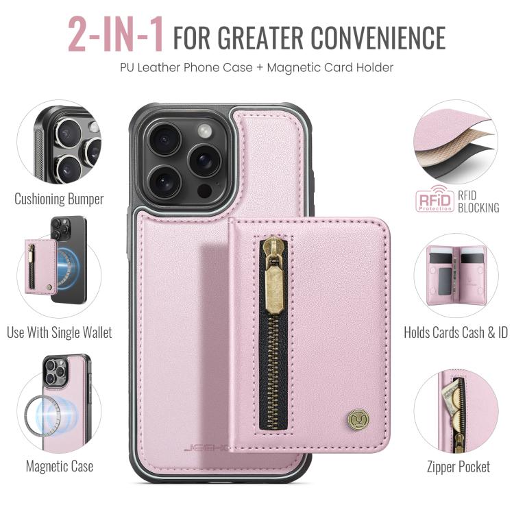 For iPhone 15 Pro Max JEEHOOD J12 Exquisite RFID MagSafe Zipper Card Bag Phone Case