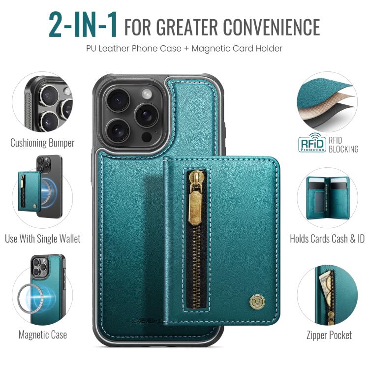 For iPhone 15 Pro Max JEEHOOD J12 Exquisite RFID MagSafe Zipper Card Bag Phone Case