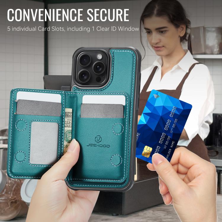 For iPhone 15 Pro Max JEEHOOD J12 Exquisite RFID MagSafe Zipper Card Bag Phone Case