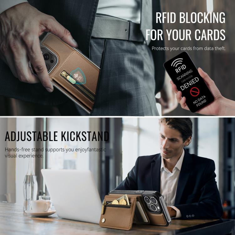 For iPhone 15 Pro Max JEEHOOD J12 Exquisite RFID MagSafe Zipper Card Bag Phone Case
