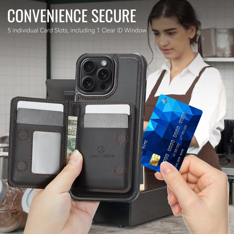 For iPhone 15 Pro Max JEEHOOD J12 Exquisite RFID MagSafe Zipper Card Bag Phone Case