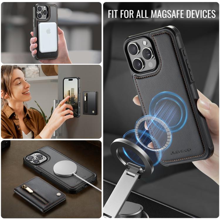 For iPhone 15 Pro Max JEEHOOD J12 Exquisite RFID MagSafe Zipper Card Bag Phone Case