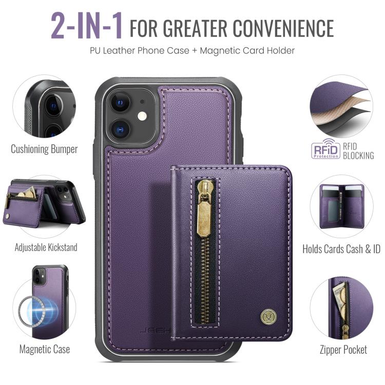 For iPhone 12 / 12 Pro JEEHOOD J12 Exquisite RFID MagSafe Zipper Card Bag Phone Case