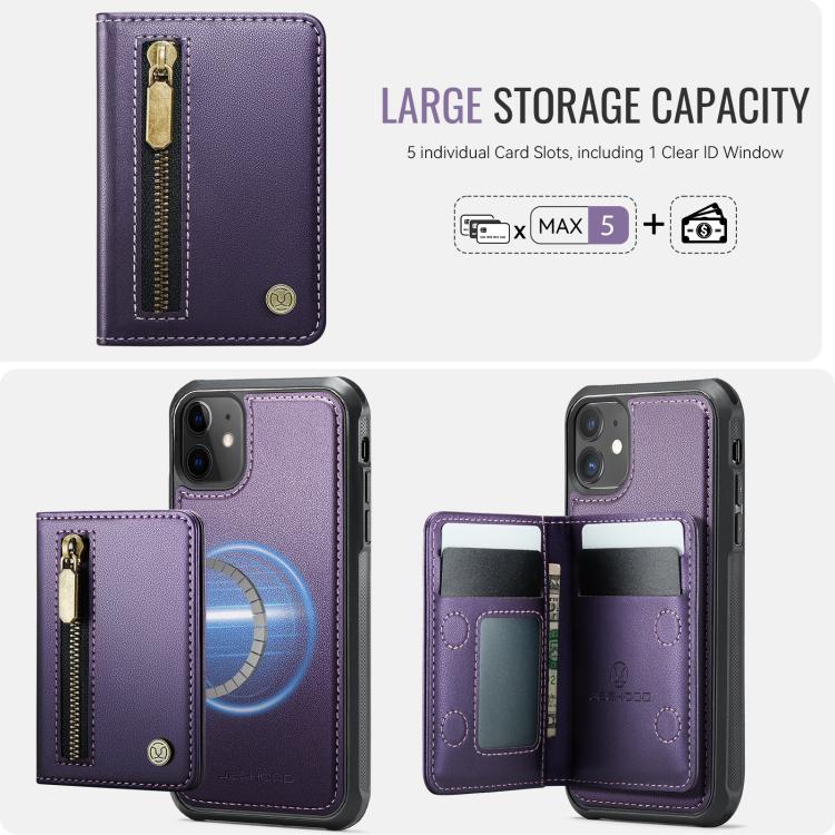 For iPhone 12 / 12 Pro JEEHOOD J12 Exquisite RFID MagSafe Zipper Card Bag Phone Case