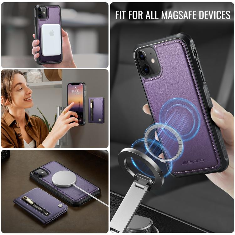 For iPhone 12 / 12 Pro JEEHOOD J12 Exquisite RFID MagSafe Zipper Card Bag Phone Case