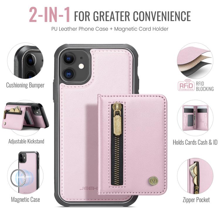 For iPhone 12 / 12 Pro JEEHOOD J12 Exquisite RFID MagSafe Zipper Card Bag Phone Case
