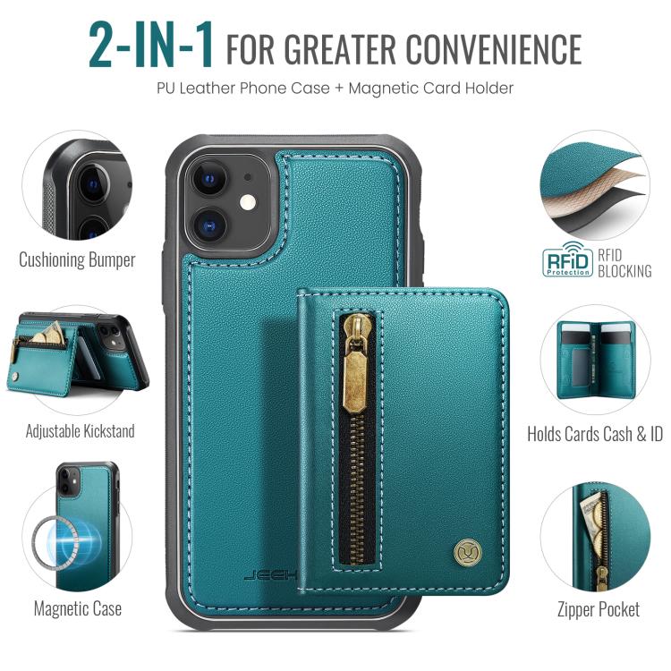 For iPhone 12 / 12 Pro JEEHOOD J12 Exquisite RFID MagSafe Zipper Card Bag Phone Case