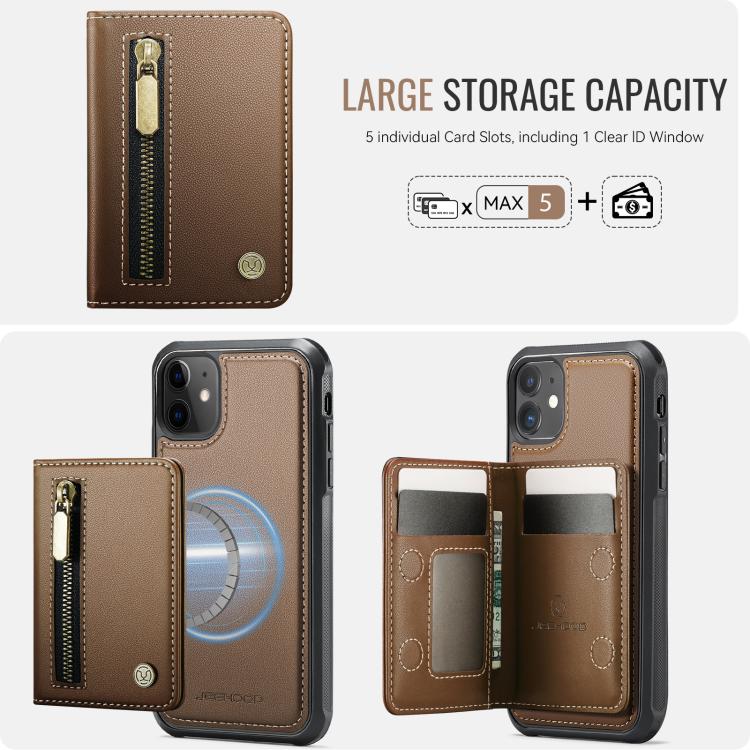 For iPhone 12 / 12 Pro JEEHOOD J12 Exquisite RFID MagSafe Zipper Card Bag Phone Case