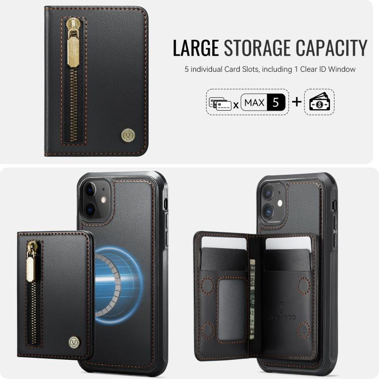 For iPhone 12 / 12 Pro JEEHOOD J12 Exquisite RFID MagSafe Zipper Card Bag Phone Case