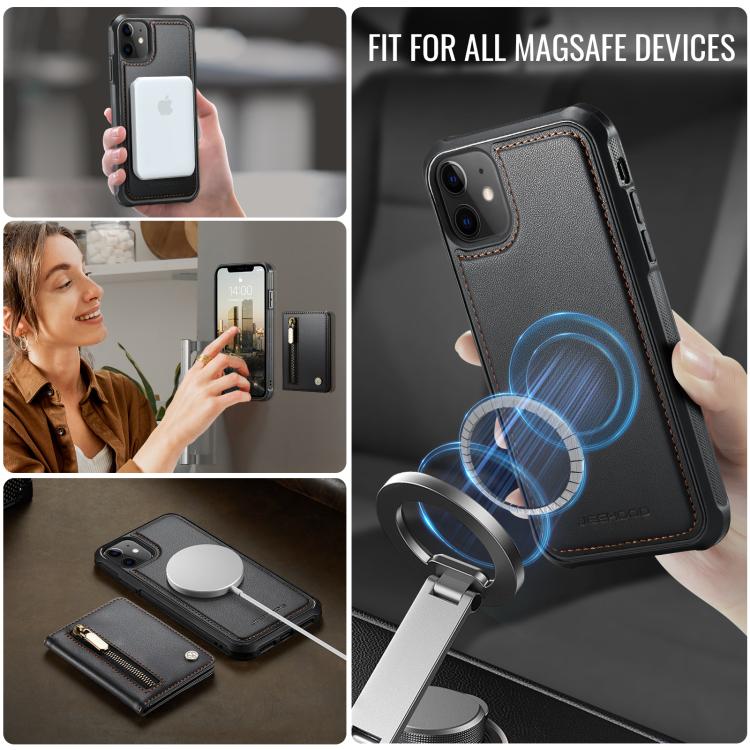 For iPhone 12 / 12 Pro JEEHOOD J12 Exquisite RFID MagSafe Zipper Card Bag Phone Case