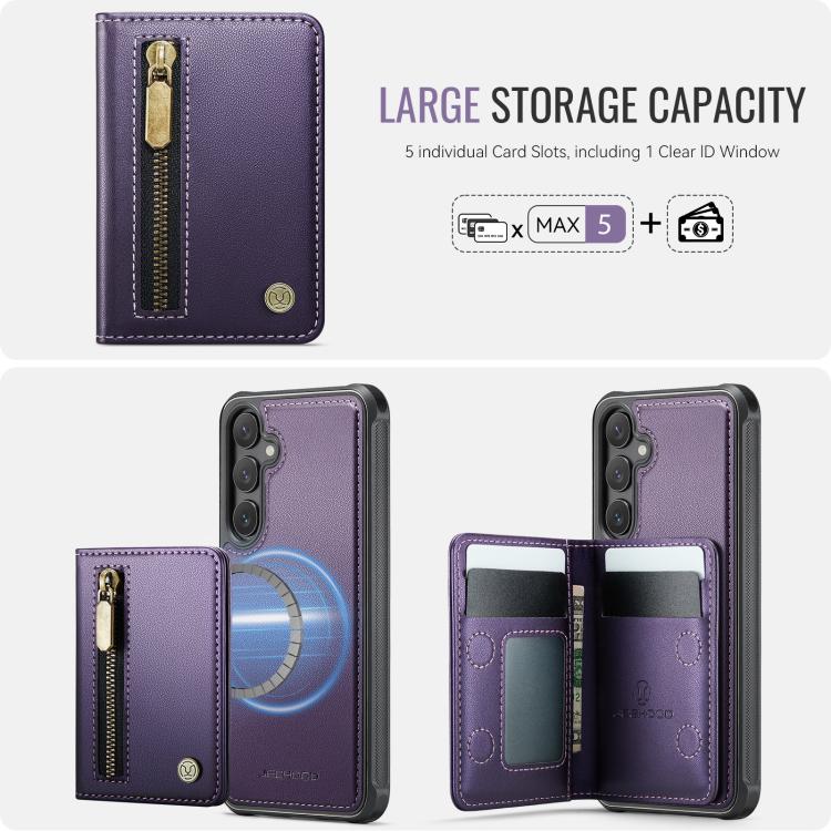 For Samsung Galaxy S25+ 5G JEEHOOD J12 Exquisite RFID MagSafe Zipper Card Bag Phone Case