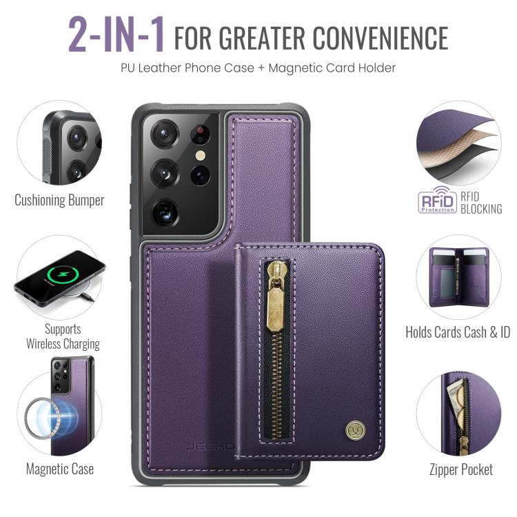 For Samsung Galaxy S21 Ultra 5G JEEHOOD J12 Exquisite RFID MagSafe Zipper Card Bag Phone Case