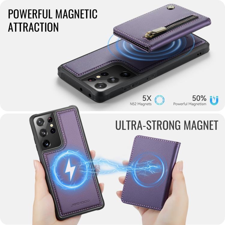 For Samsung Galaxy S21 Ultra 5G JEEHOOD J12 Exquisite RFID MagSafe Zipper Card Bag Phone Case