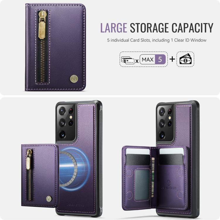 For Samsung Galaxy S21 Ultra 5G JEEHOOD J12 Exquisite RFID MagSafe Zipper Card Bag Phone Case