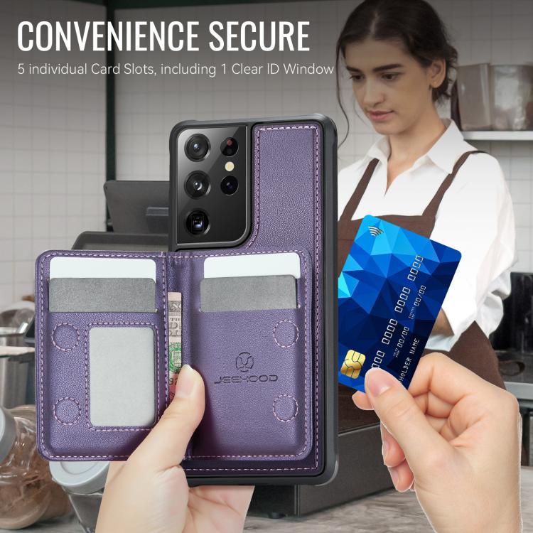 For Samsung Galaxy S21 Ultra 5G JEEHOOD J12 Exquisite RFID MagSafe Zipper Card Bag Phone Case