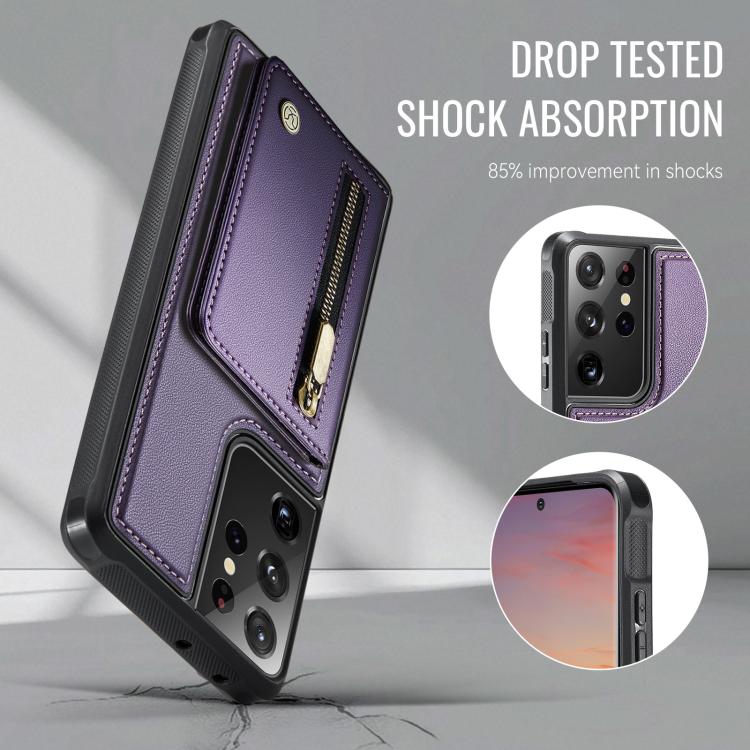 For Samsung Galaxy S21 Ultra 5G JEEHOOD J12 Exquisite RFID MagSafe Zipper Card Bag Phone Case