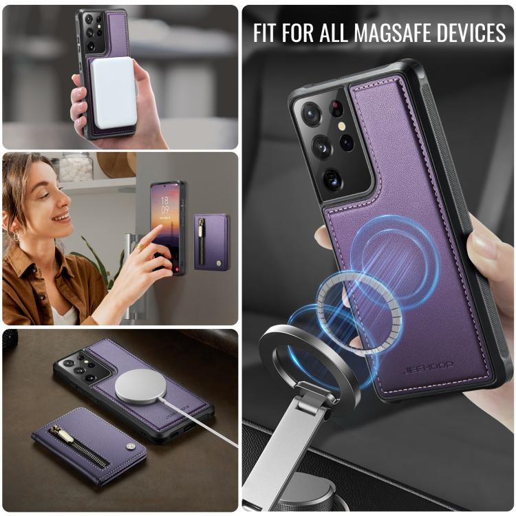 For Samsung Galaxy S21 Ultra 5G JEEHOOD J12 Exquisite RFID MagSafe Zipper Card Bag Phone Case
