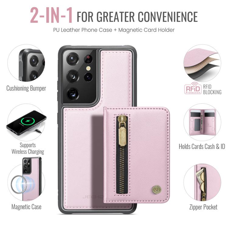 For Samsung Galaxy S21 Ultra 5G JEEHOOD J12 Exquisite RFID MagSafe Zipper Card Bag Phone Case