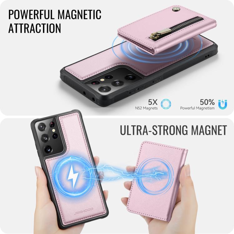 For Samsung Galaxy S21 Ultra 5G JEEHOOD J12 Exquisite RFID MagSafe Zipper Card Bag Phone Case