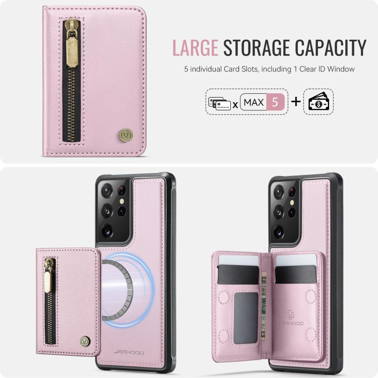 For Samsung Galaxy S21 Ultra 5G JEEHOOD J12 Exquisite RFID MagSafe Zipper Card Bag Phone Case