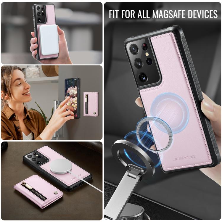 For Samsung Galaxy S21 Ultra 5G JEEHOOD J12 Exquisite RFID MagSafe Zipper Card Bag Phone Case