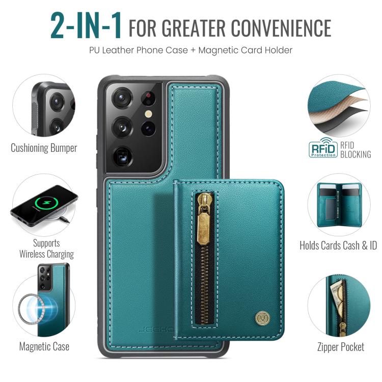 For Samsung Galaxy S21 Ultra 5G JEEHOOD J12 Exquisite RFID MagSafe Zipper Card Bag Phone Case
