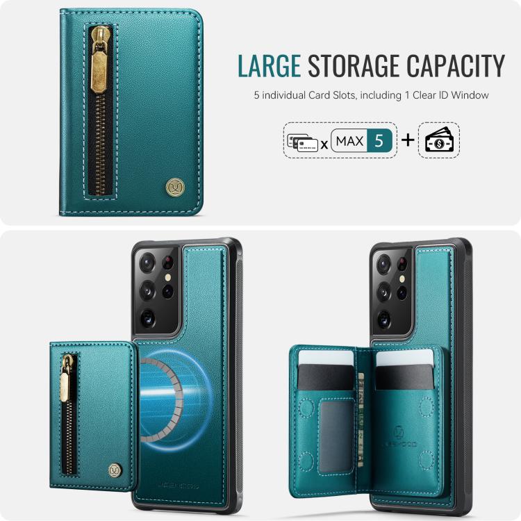 For Samsung Galaxy S21 Ultra 5G JEEHOOD J12 Exquisite RFID MagSafe Zipper Card Bag Phone Case