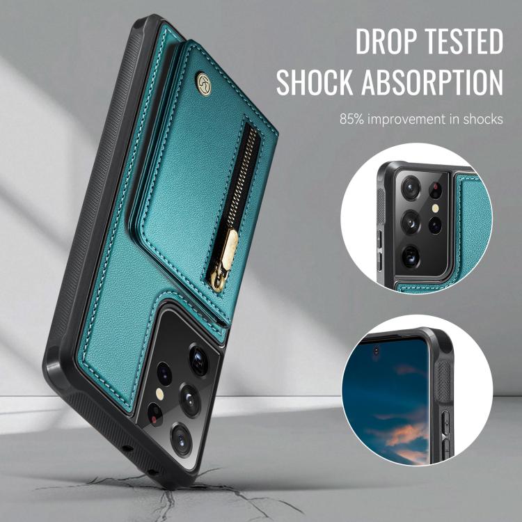 For Samsung Galaxy S21 Ultra 5G JEEHOOD J12 Exquisite RFID MagSafe Zipper Card Bag Phone Case